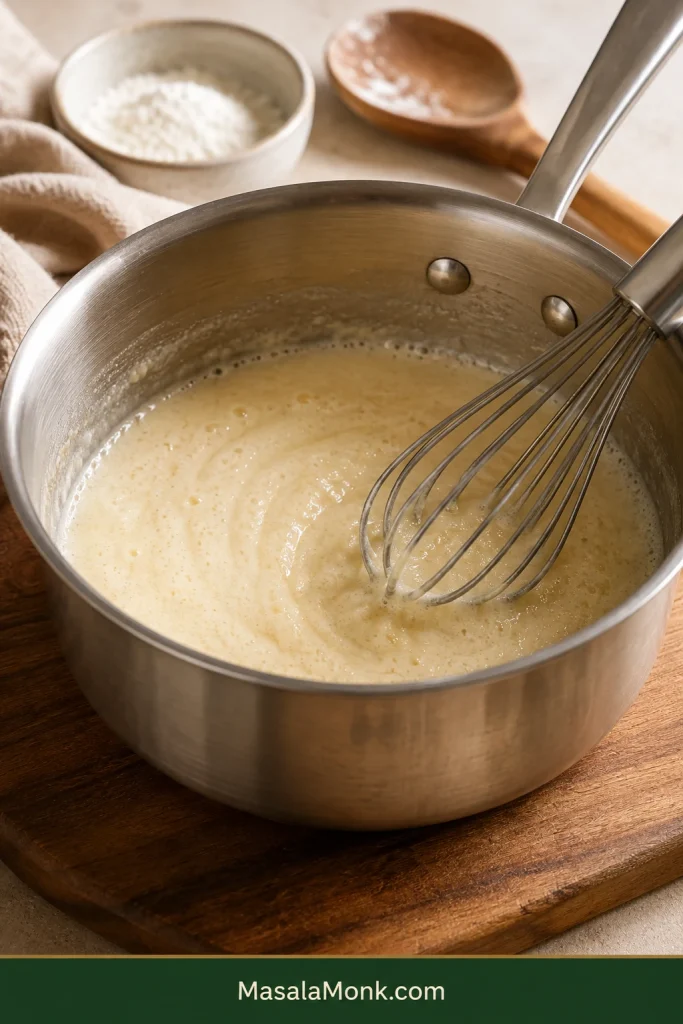 Pale flour-and-oil roux gently bubbling in a stainless-steel saucepan while a whisk moves through it.