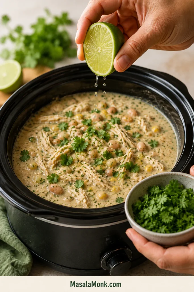 Fresh lime being squeezed over finished creamy white chicken chili while chopped cilantro is ready to be added.
