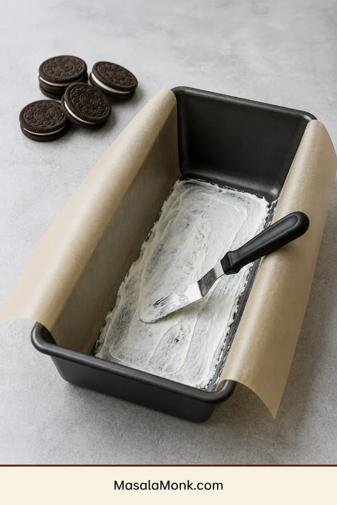 Dark loaf pan lined with parchment and coated with a thin layer of whipped cream, with thin chocolate sandwich cookies nearby.