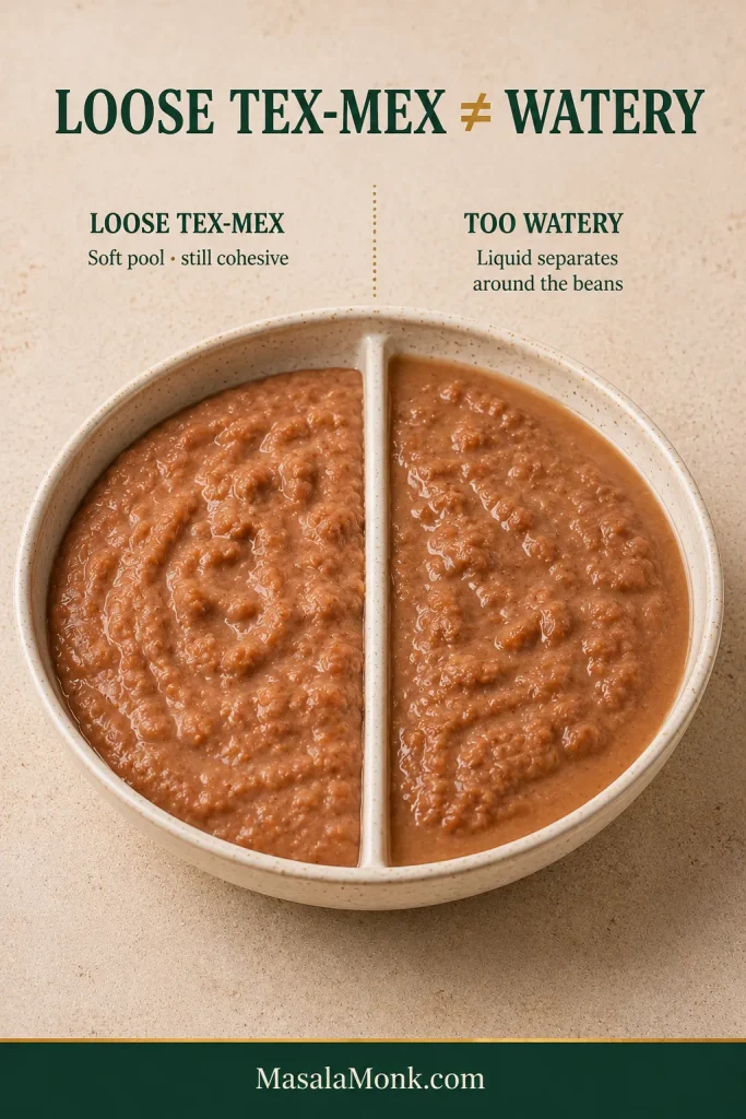 Comparison of cohesive loose Tex-Mex refried beans and overly thin beans with visible liquid separated around the edge.