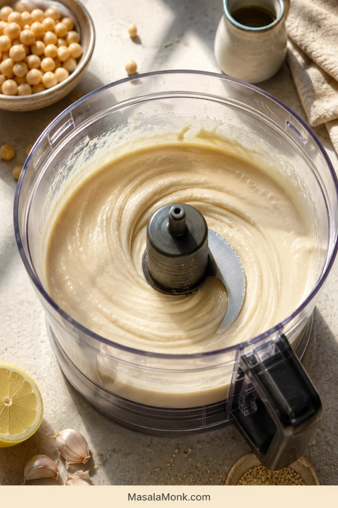 Pale loosened tahini forming smooth flowing ridges around the blade of a food processor.
