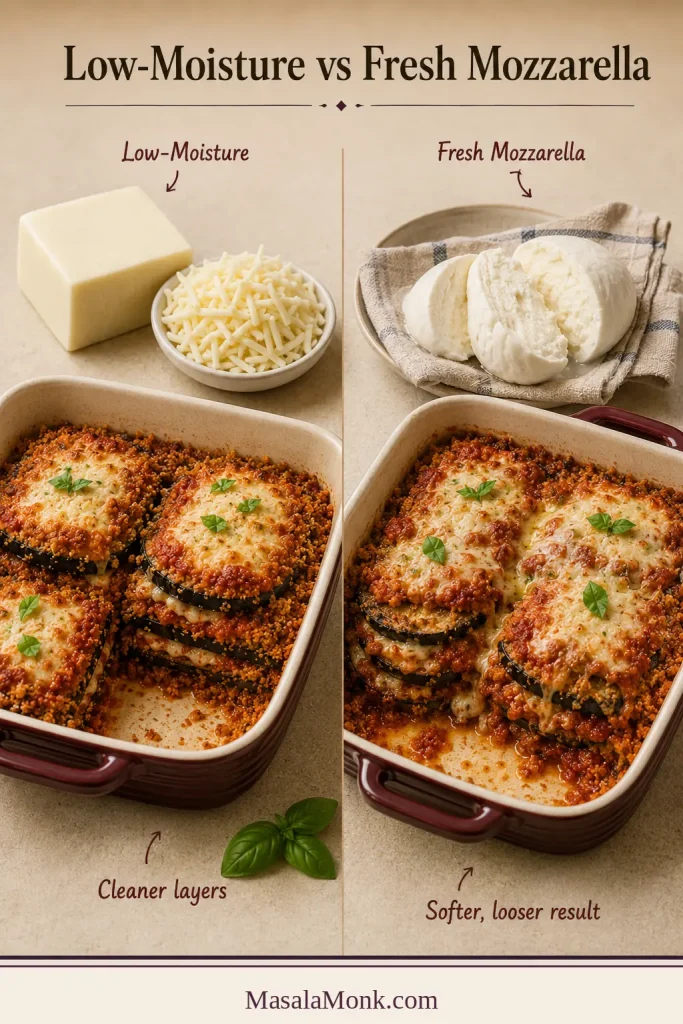 Comparison of low-moisture mozzarella with defined casserole layers and fresh mozzarella with a softer baked result.