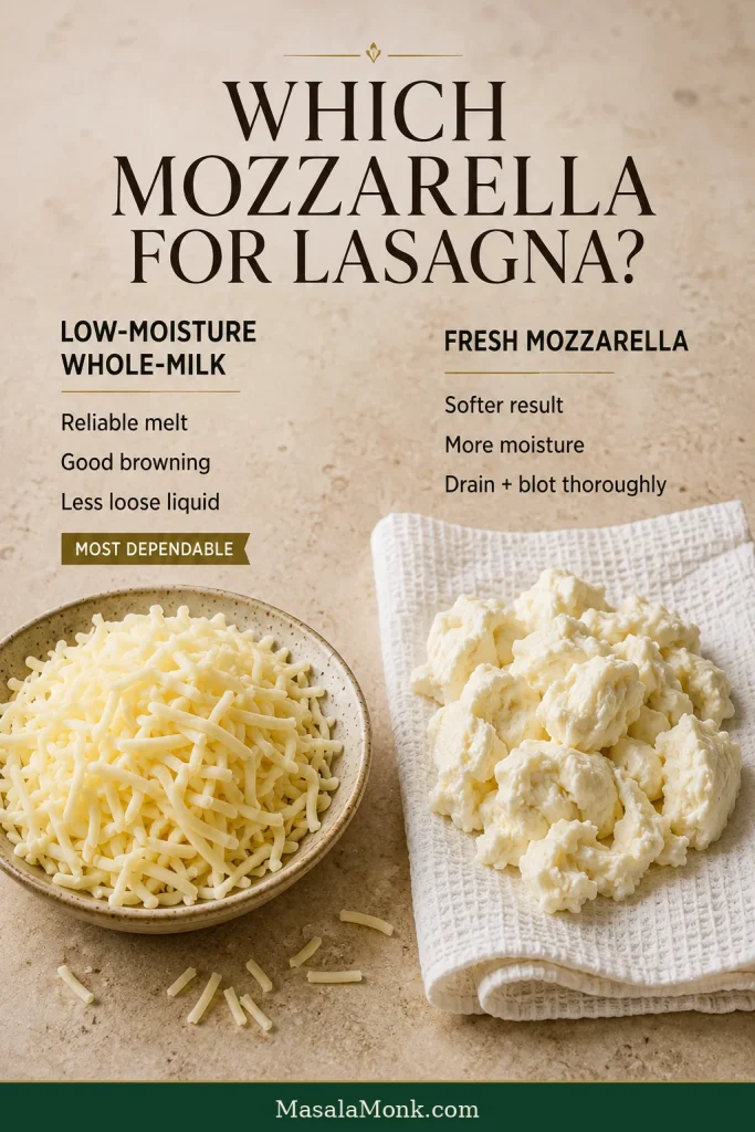 Shredded low-moisture mozzarella beside fresh mozzarella being drained on a towel to compare their moisture levels.