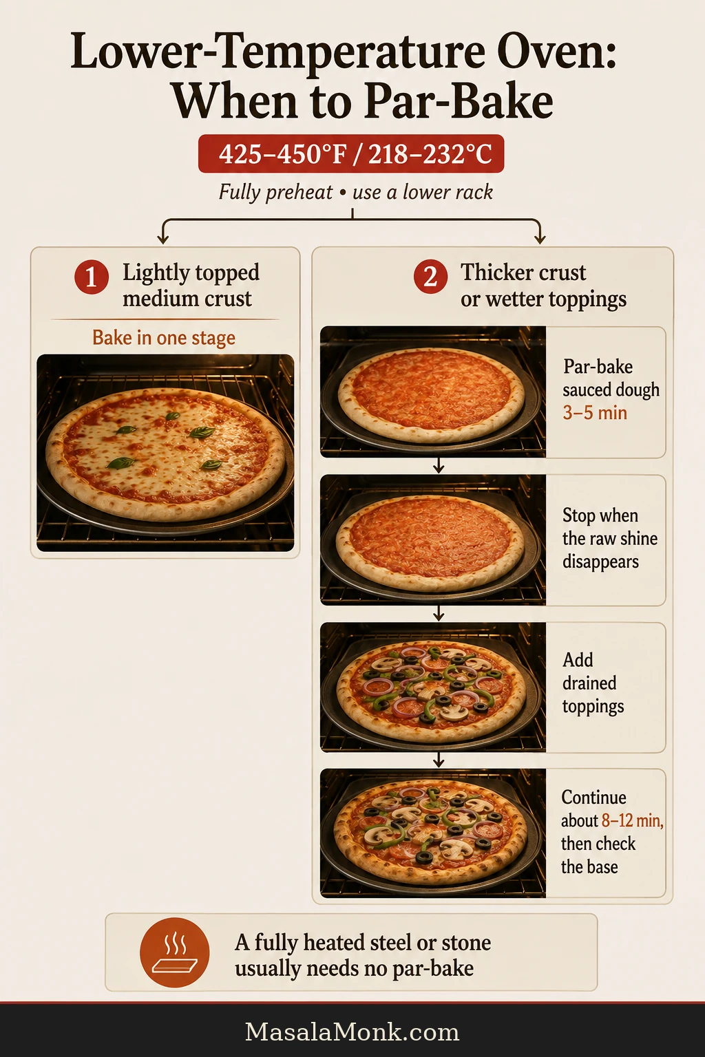 Decision guide for a lower-temperature home oven showing a one-stage lightly topped pizza and a sauced par-bake followed by toppings.