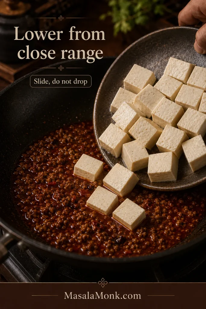 A plate held close to a dark wok as pale tofu cubes slide gently into loose brick-red sauce without splashing.