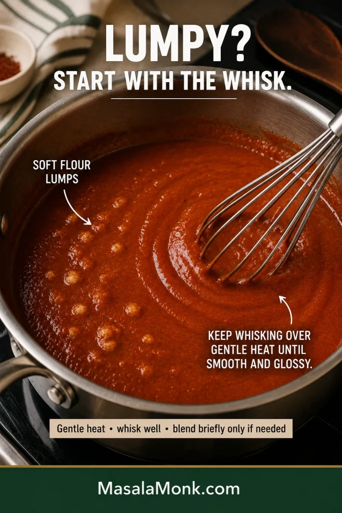 Red enchilada sauce with several small soft lumps on one side of a saucepan and smoother sauce forming where a whisk has worked through them.