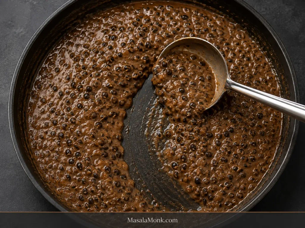Overhead view of finished Maa Ki Dal in a dark pan with a metal ladle leaving a wide trail through the thick gravy; whole black urad grains and dark skins remain visible on both sides of the path.