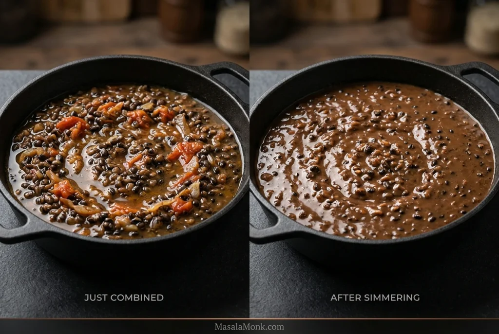 Two matching pans show Maa Ki Dal at different stages: just combined, the dal has more free liquid and separate tomato pieces; after simmering, it is thicker and cohesive with whole black urad grains suspended through the gravy.