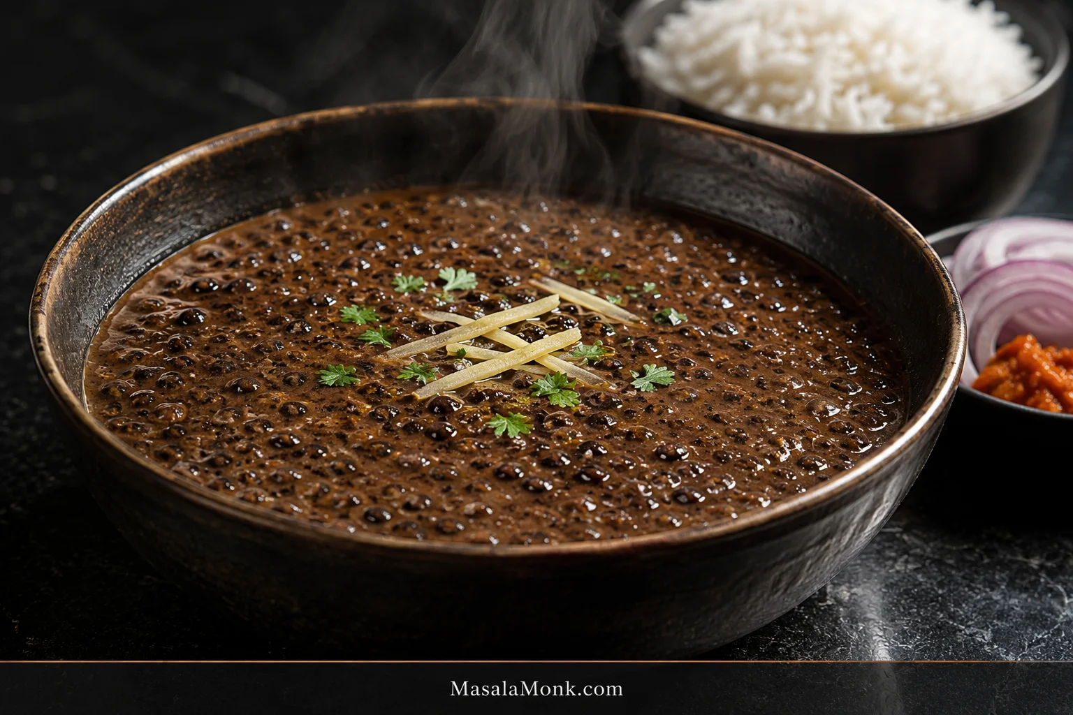 Bowl of Punjabi Maa Ki Dal made with whole black urad, showing many dark urad skins and whole grains in thick brown gravy, lightly garnished with ginger and coriander, with rice, red onion and pickle behind it.