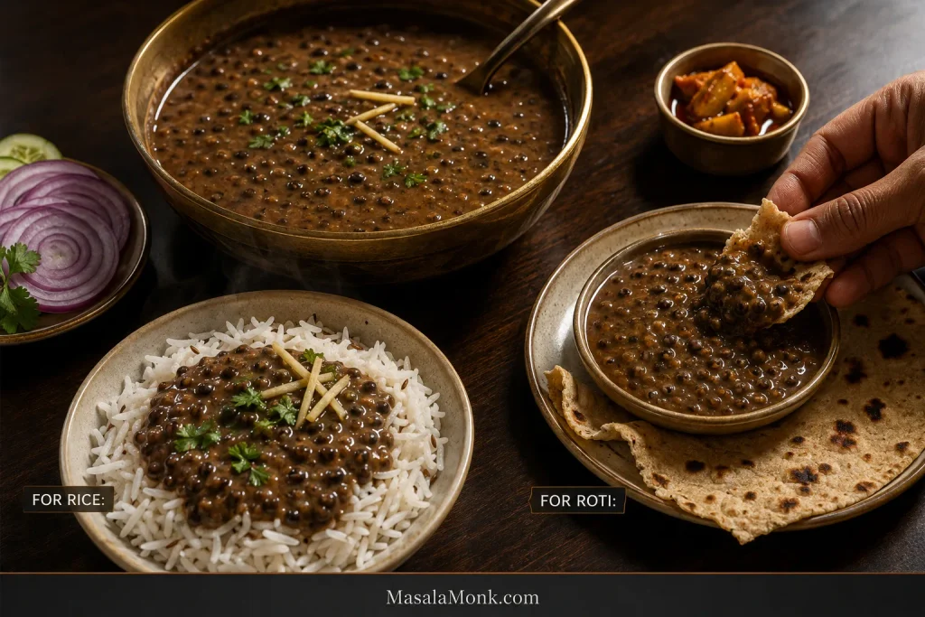Maa Ki Dal served two ways on one dark wooden table: looser black urad dal spooned over basmati rice and slightly thicker dal being scooped with torn roti, with red onion, cucumber and mango pickle nearby.
