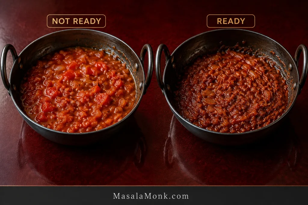 Two dark pans compare onion-tomato masala stages: the ‘Not Ready’ masala is bright red, wet and chunky, while the ‘Ready’ masala is darker, reduced, glossy and integrated.