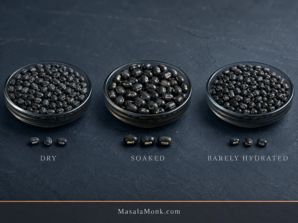 Three groups of whole black urad compare hydration: small dry grains, visibly larger and plumper soaked grains, and barely hydrated grains that remain closer to their original dry size.