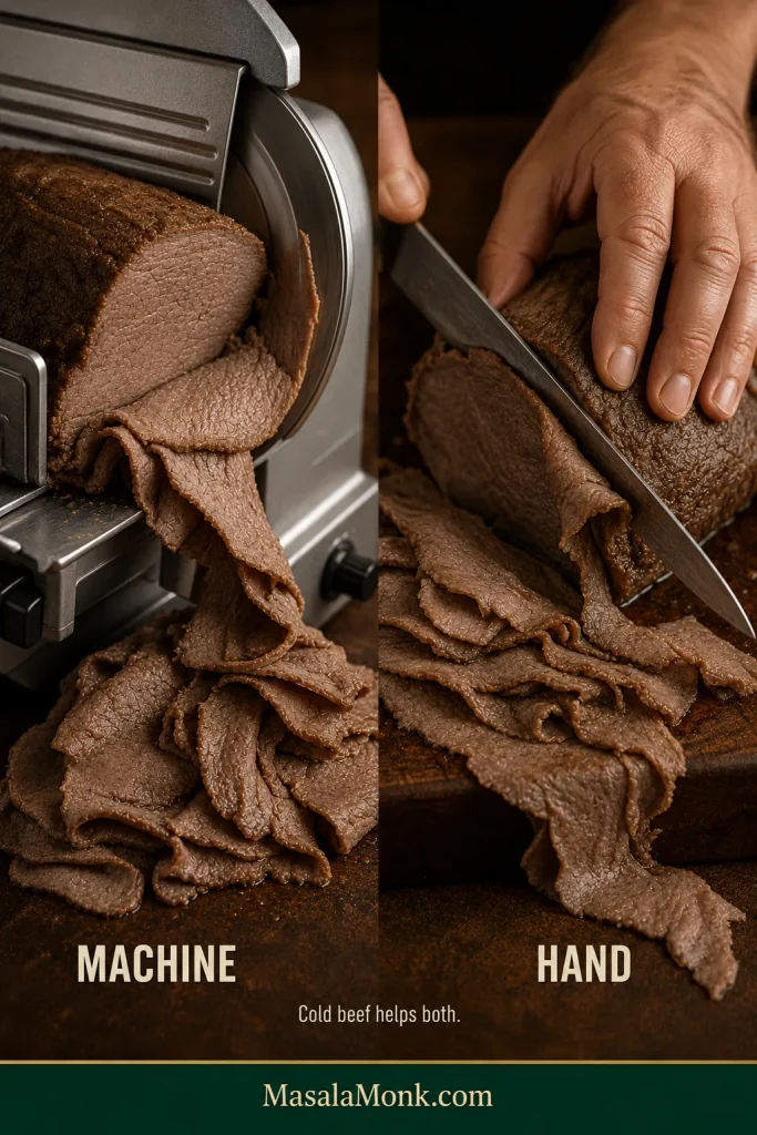 Split view of chilled Italian beef being sliced with a meat slicer and by hand with a long sharp knife.