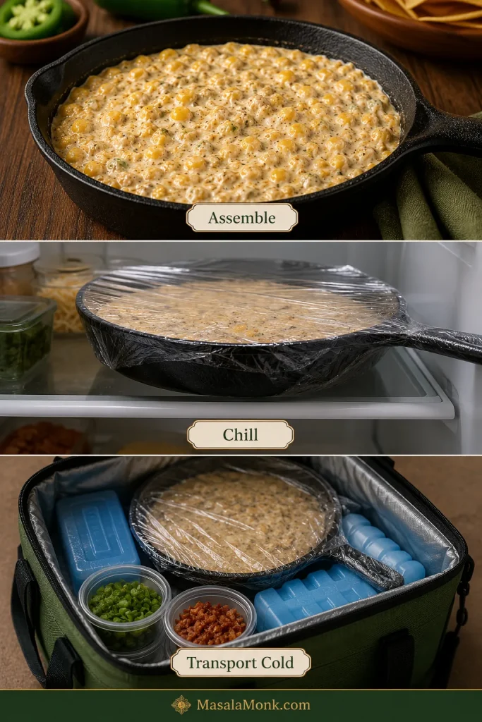 Three-stage guide showing an assembled corn dip, the covered skillet chilling in a refrigerator, and the covered dip packed in an insulated cooler with blue ice packs and separate garnish containers.