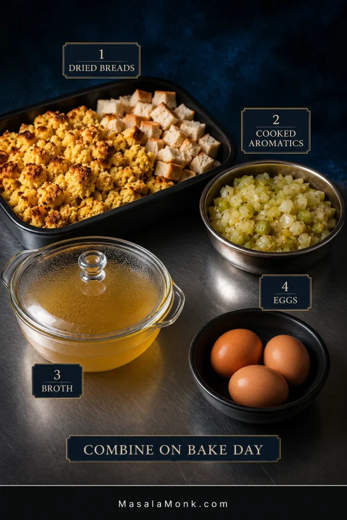 Make-ahead cornbread dressing components kept separate: dried cornbread and white bread, cooked onion and celery, broth, and three whole eggs, labeled to combine on bake day.