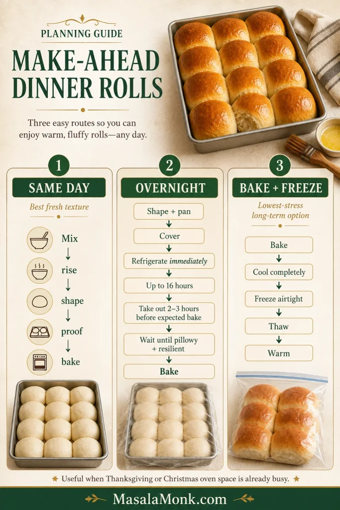 Make-ahead dinner roll guide showing same-day preparation, shaped rolls refrigerated overnight and fully baked rolls cooled for freezing.