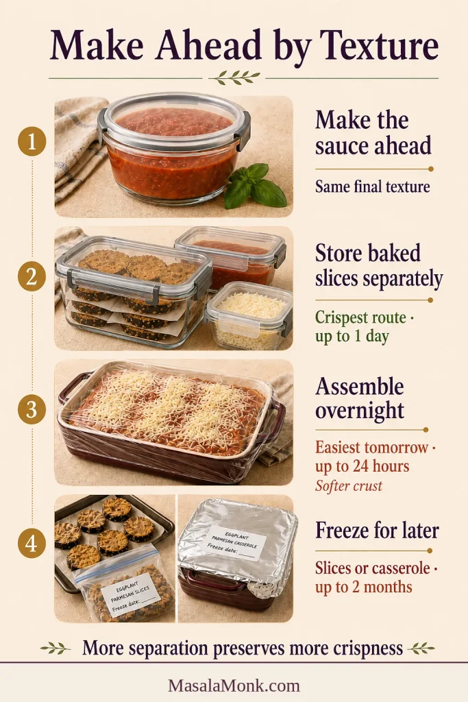 Make-ahead visual showing sealed sauce, separately stored baked slices and cheese, a covered casserole and frozen components.