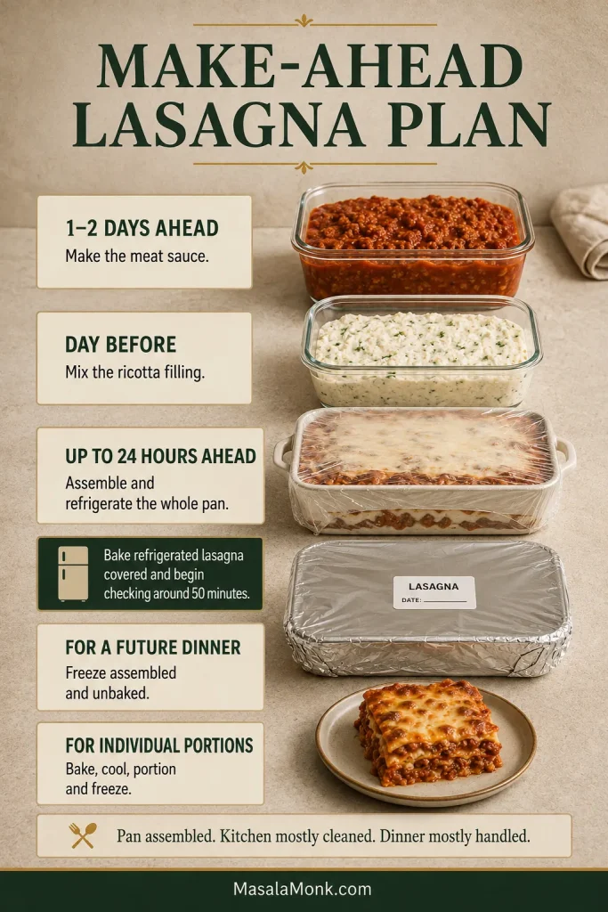 A make-ahead lasagna planning scene with prepared meat sauce, ricotta filling, a covered assembled pan, a wrapped freezer pan and an individual baked portion.