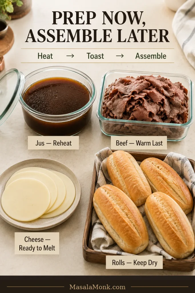 Make-ahead French dip components kept separately: au jus to reheat, thin roast beef to warm last, provolone ready to melt and dry sandwich rolls kept away from moisture.