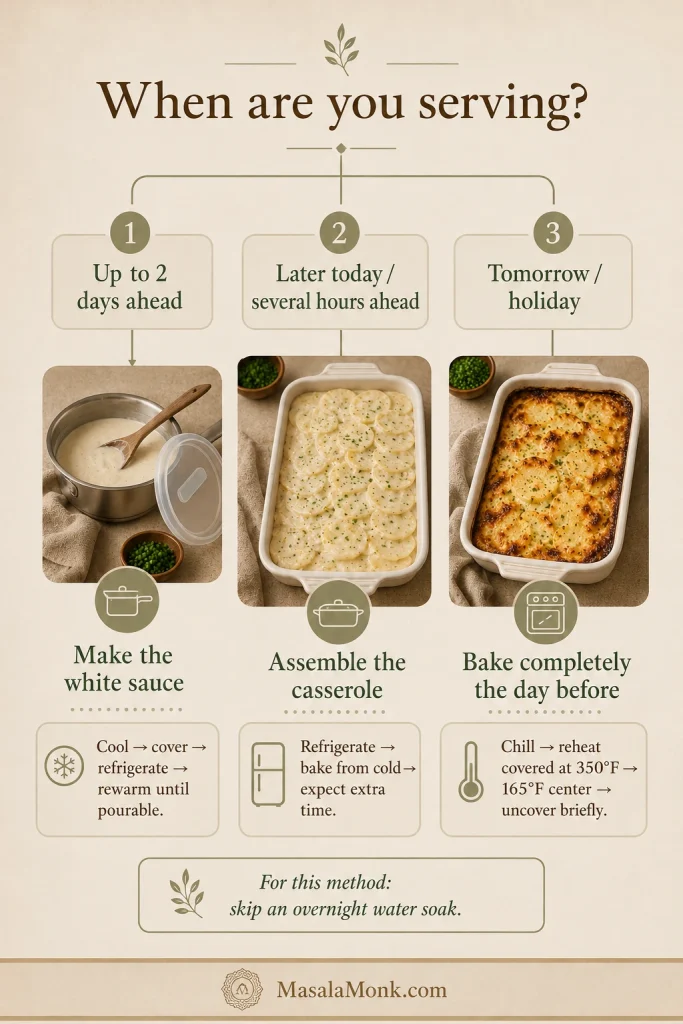 Make-ahead decision tree showing white sauce prepared up to two days ahead, an assembled potato casserole several hours ahead, or the complete dish baked the day before.
