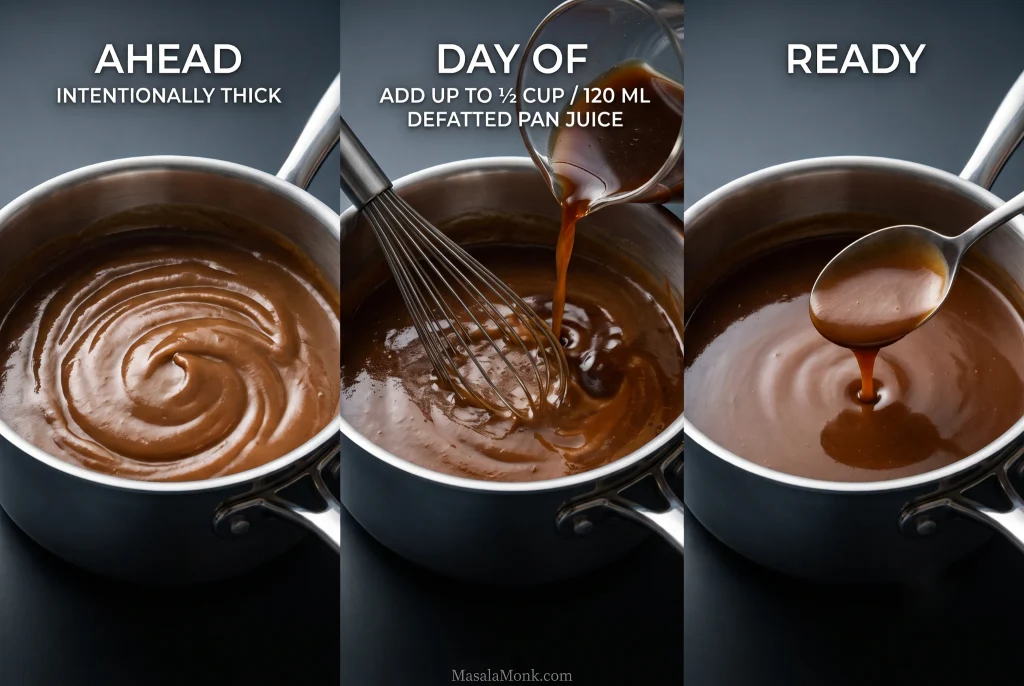 Three stages show a thick make-ahead gravy base, defatted turkey pan juice being whisked in, and smooth pourable finished gravy.