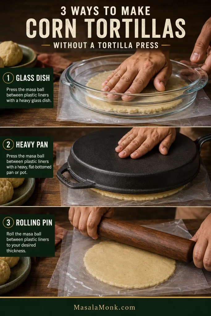 Three methods for flattening corn tortilla dough without a press using a heavy glass dish, a flat-bottomed pan, and a rolling pin.