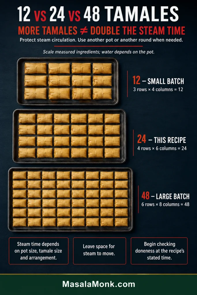 Three trays containing exactly 12 tamales in a 3-by-4 grid, 24 tamales in a 4-by-6 grid, and 48 tamales in a 6-by-8 grid to illustrate batch scaling.