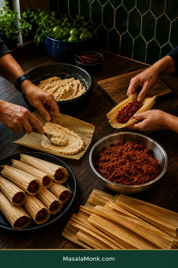 Two people making pork tamales at a worktable, with one spreading masa and another filling and folding, surrounded by masa, thick red chile pork filling, corn husks and finished tamales.