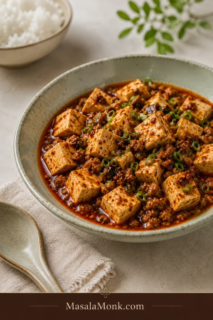 Close view of finished mapo tofu in a pale celadon bowl, with intact tofu cubes, pork crumbles, glossy red sauce and scallions.