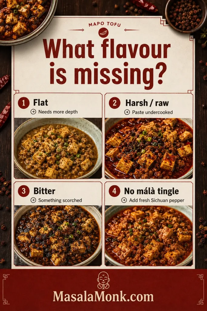 Four-part guide linking flat flavour with missing depth, harsh or raw flavour with under-fried paste, bitterness with scorching and weak málà with too little fresh Sichuan pepper.