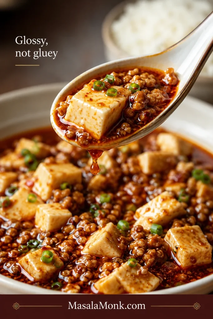 A spoon lifts one pale tofu cube and small pork crumbles from glossy red sauce, with a short drip falling back toward the bowl.