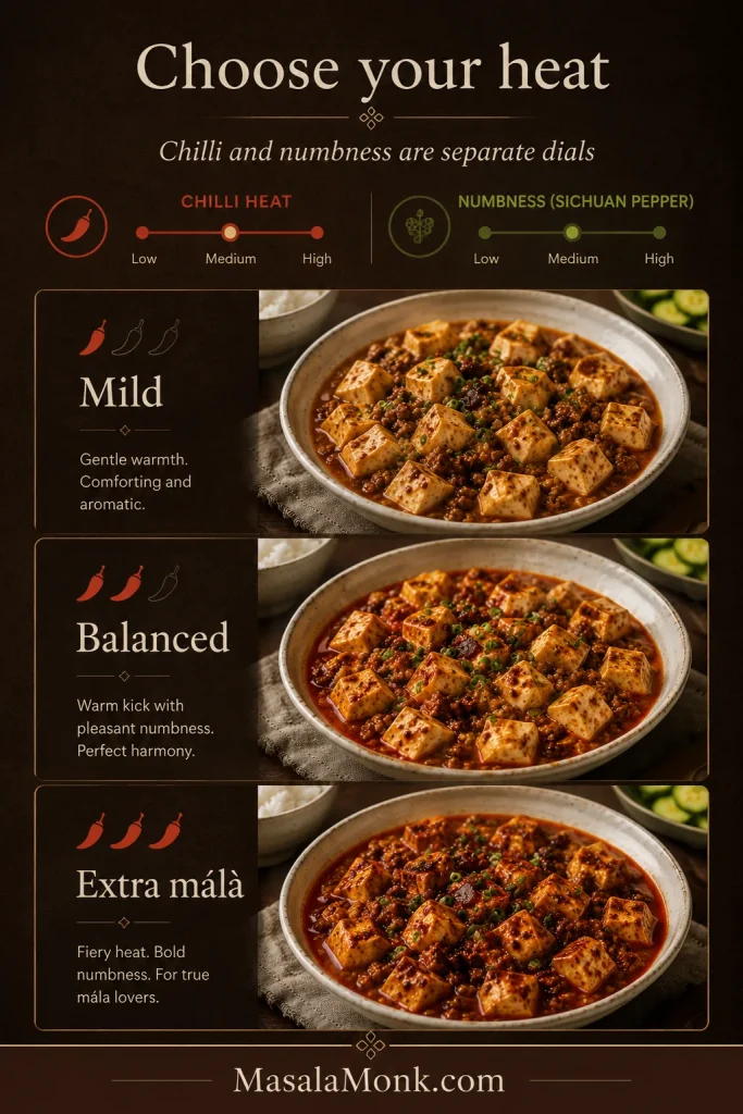 Dark heat-level guide with mild, balanced and extra málà bowls, plus separate controls for chilli heat and Sichuan-pepper numbness.