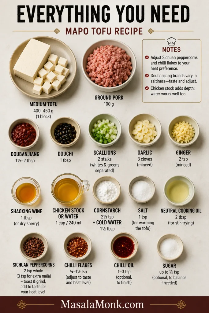 Overhead ingredient layout with tofu, ground pork, doubanjiang, douchi, Sichuan peppercorns, chilli flakes, scallions, garlic, ginger, wine, stock, oil and cornstarch slurry ingredients.