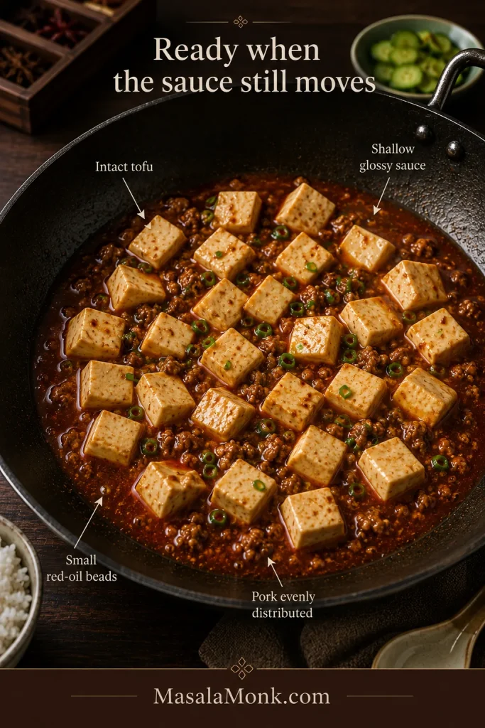 Finished mapo tofu in a dark wok with intact tofu cubes, small pork crumbles, shallow glossy red sauce, scattered red-oil beads and sliced scallions.