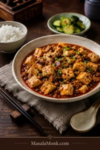 Shallow ivory bowl of mapo tofu with pale tofu cubes, small pork crumbles, glossy brick-red sauce and sliced scallions, served beside white rice and cucumber.