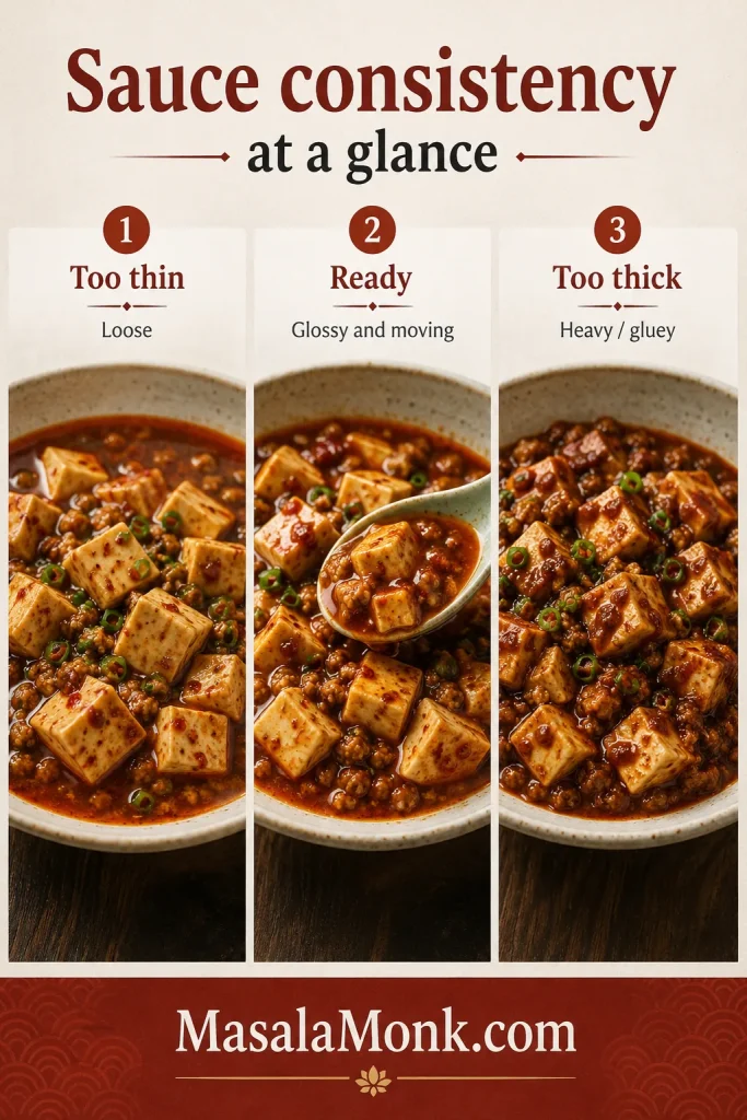 Three-column comparison showing thin mapo tofu sauce with a loose pool, ready sauce with a glossy spoonable coating and overly thick sauce clinging heavily to the tofu.