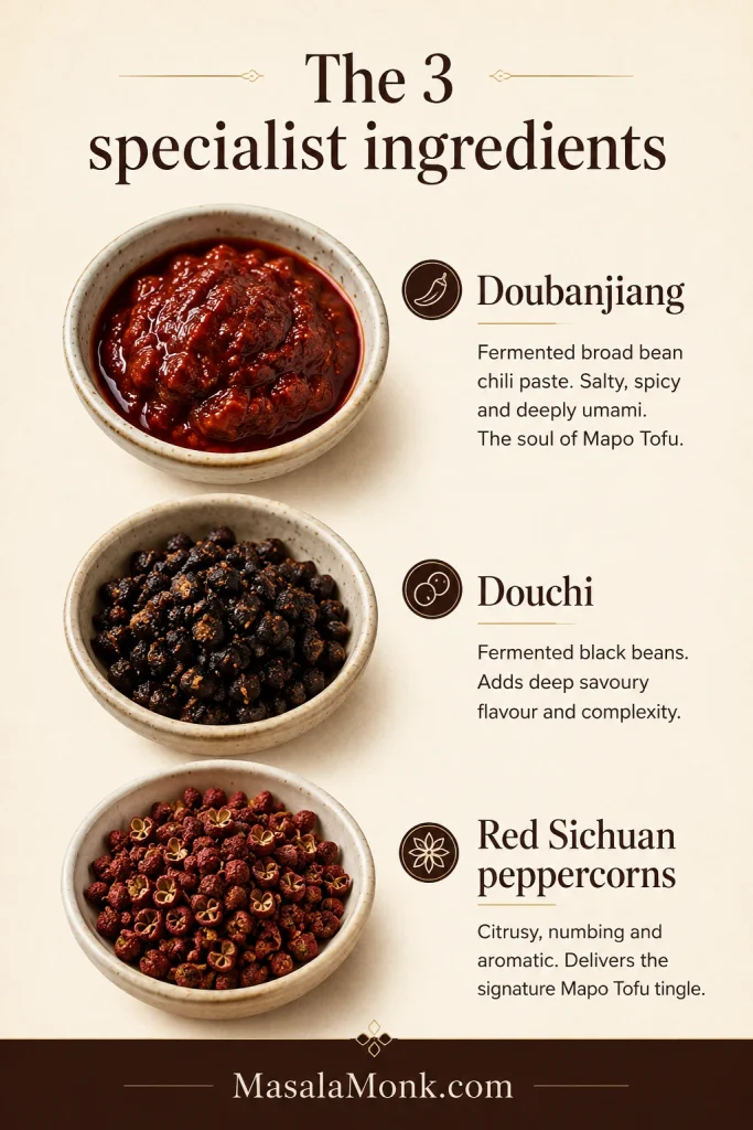 Three labelled bowls containing red doubanjiang paste, black fermented douchi beans and red Sichuan peppercorn husks.
