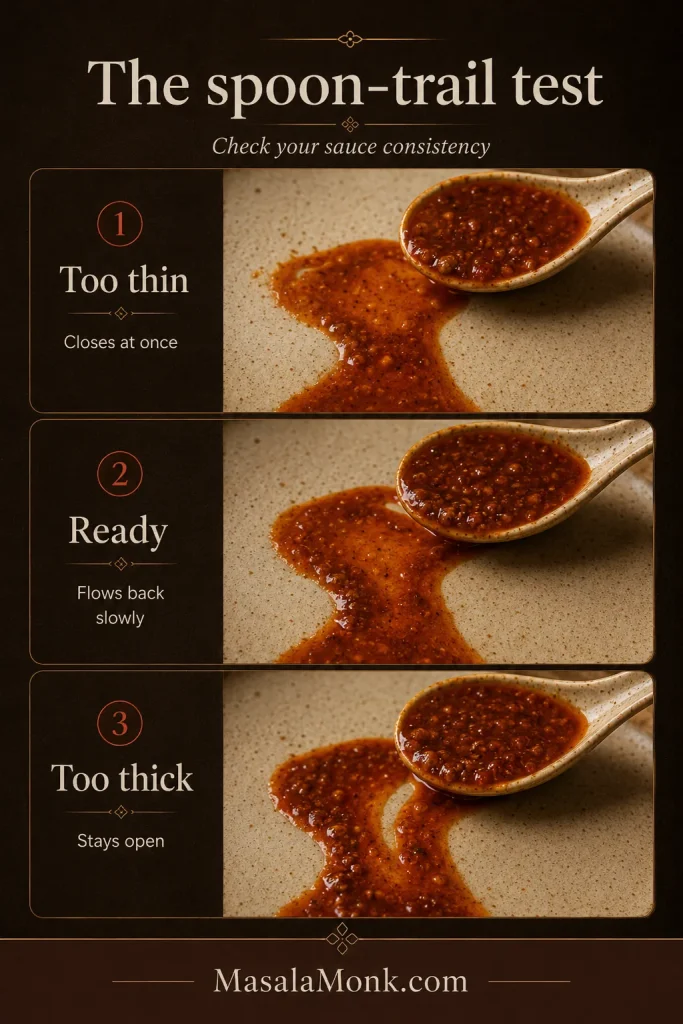 Three-panel spoon-trail test showing thin sauce closing immediately, ready sauce leaving a soft narrowing trail and thick sauce leaving a clear open channel.