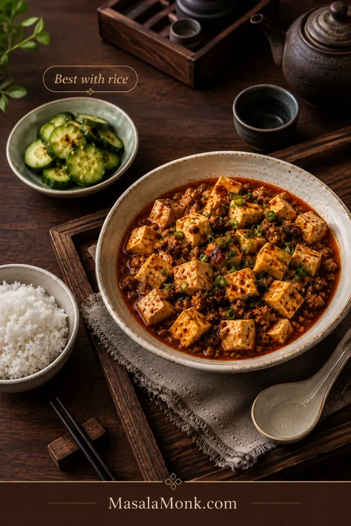 Overhead table setting with a bowl of mapo tofu, steamed white rice and a small pale-green dish of sliced cucumber.