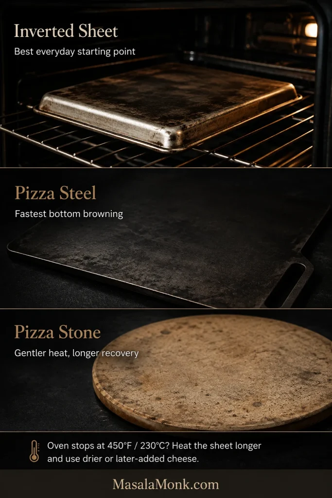 Comparison guide showing an inverted baking sheet, pizza steel and pizza stone as different surfaces for baking pizza in a home oven.