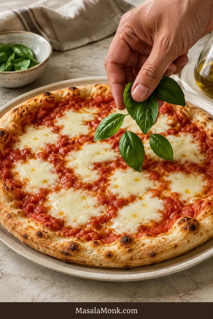 Fresh green basil leaves being scattered by hand over a just-baked Margherita pizza with tomato and melted mozzarella.