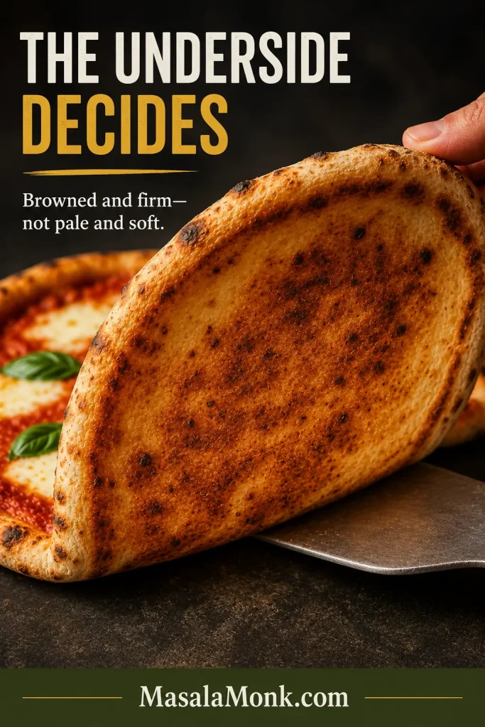 Close-up of a pizza underside lifted on a metal server, showing broad golden-brown color with scattered darker speckles.
