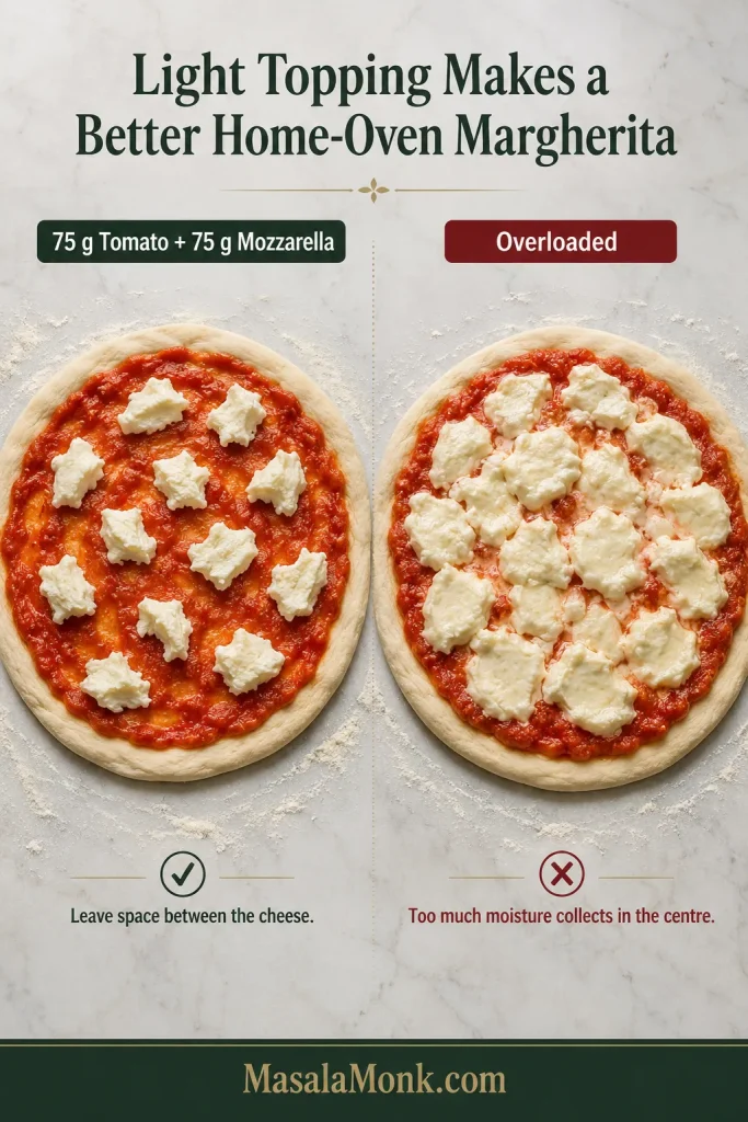 Two raw pizzas compared overhead, one lightly topped with separated mozzarella pieces and one crowded with excess tomato and cheese.