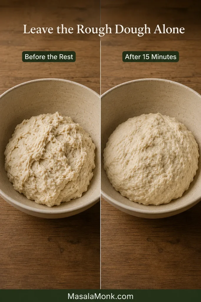 Before-and-after comparison of the same pizza dough, showing a rough shaggy mixture becoming smoother after a 15-minute covered rest.
