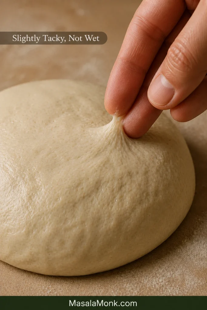 Close-up of a fingertip lifting from soft pizza dough with slight tack but no wet dough coating the finger.