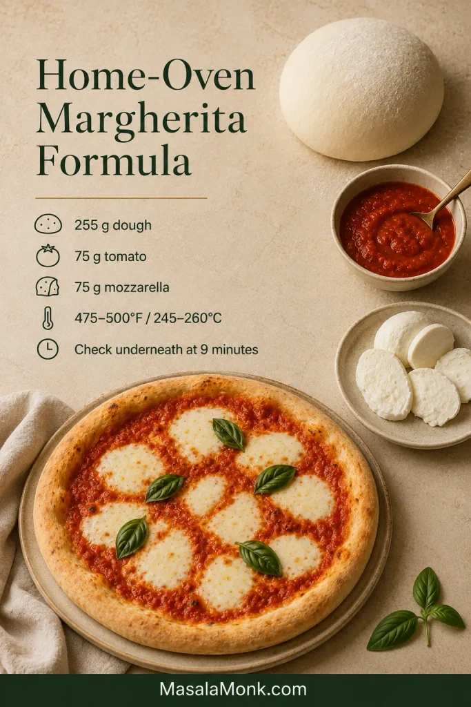 Home-oven Margherita pizza formula graphic showing measured dough, prepared tomato and mozzarella portions with baking temperature and timing guidance.
