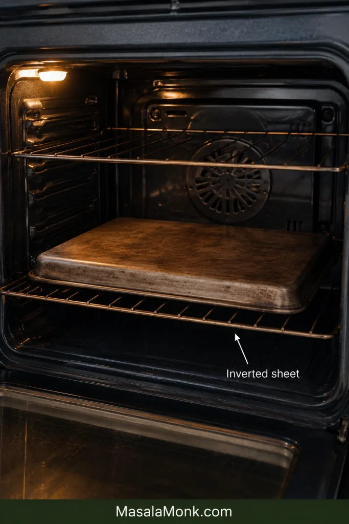 Heavy metal baking sheet positioned upside down on a lower rack inside a domestic oven, with its flat underside facing upward.