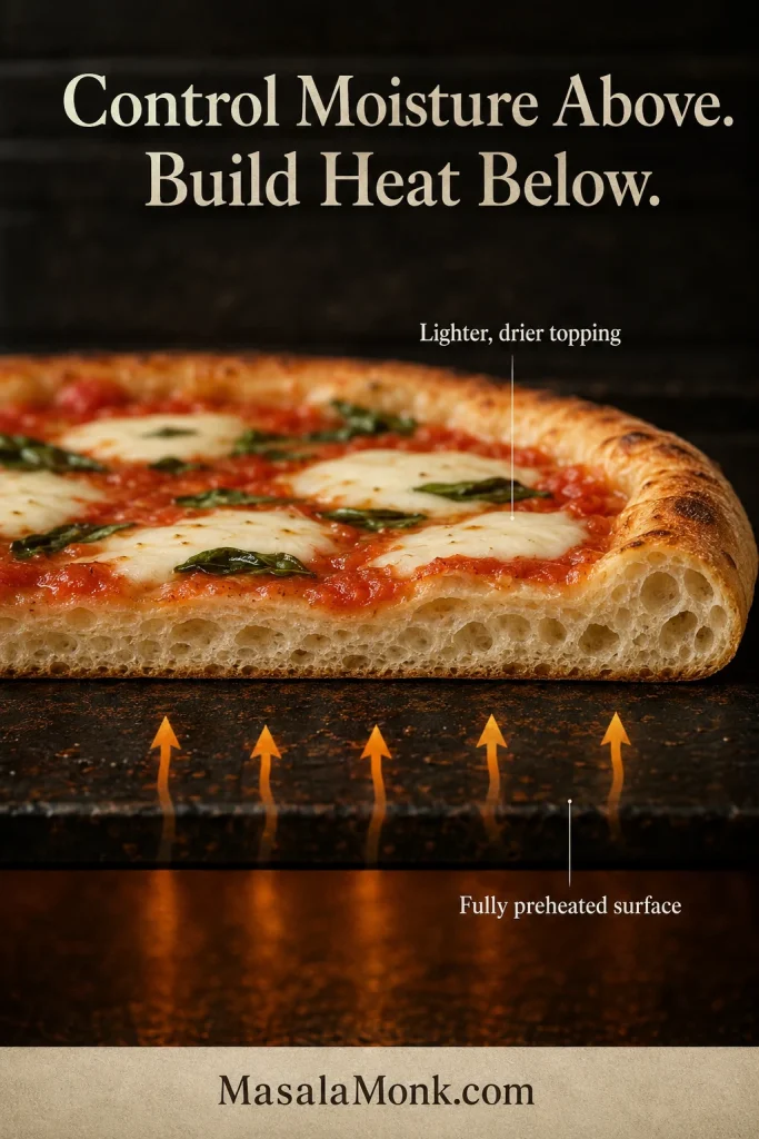 Pizza cross-section graphic showing restrained tomato and mozzarella above the dough and heat rising from a thoroughly preheated baking surface below.