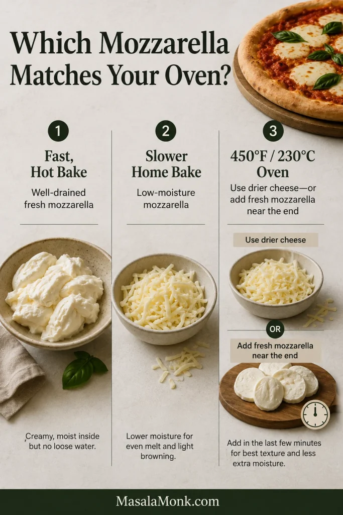 Mozzarella comparison guide showing drained fresh mozzarella, low-moisture mozzarella and an option for a slower, lower-temperature home oven.