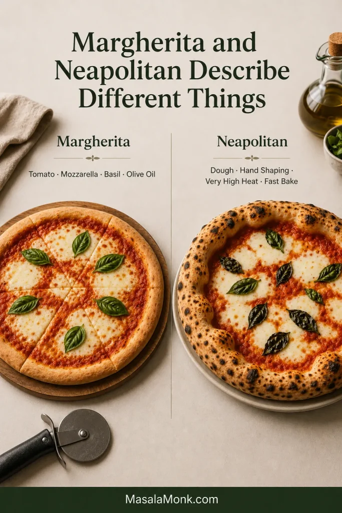 Side-by-side comparison of a moderately browned home-oven Margherita pizza and a more inflated, deeply spotted Neapolitan-style pizza.